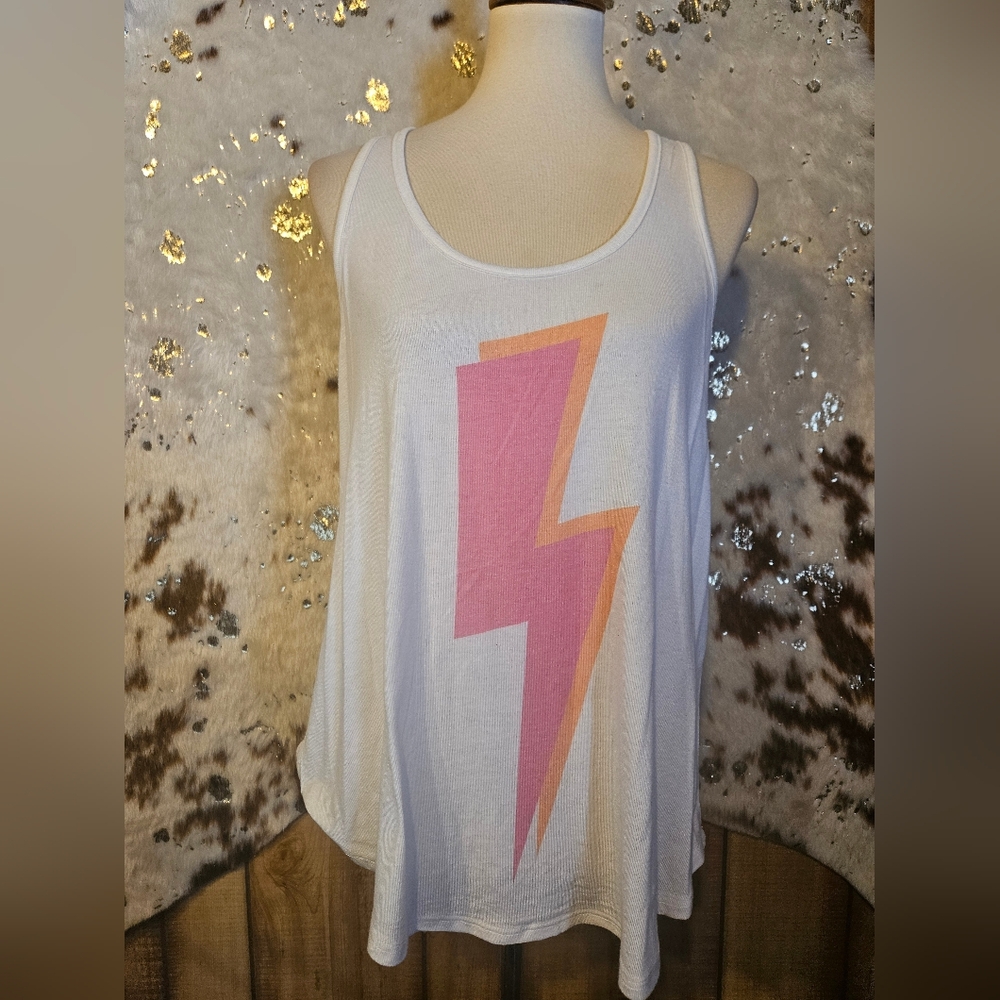 White Tank Top with Pink and Orange Lightning Bolt